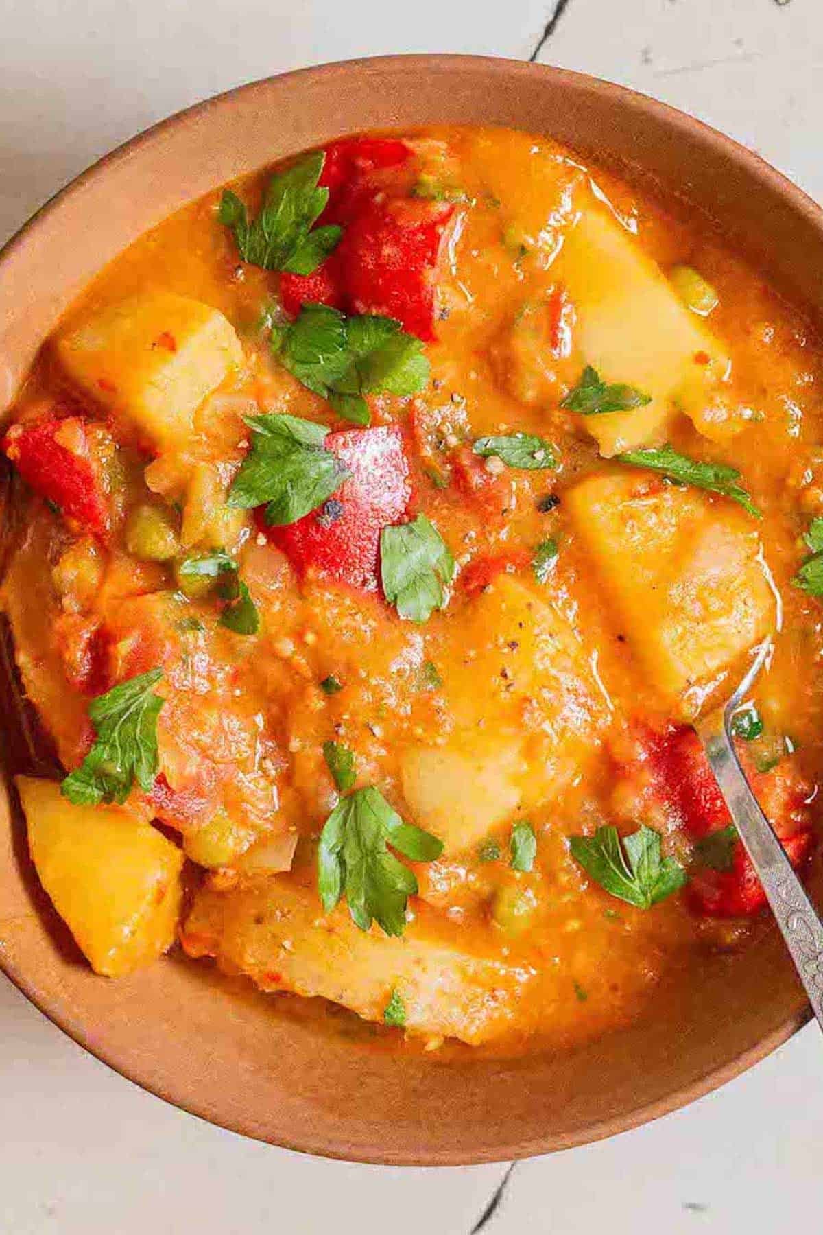An overhead photo of vegetable stew with a spoon.